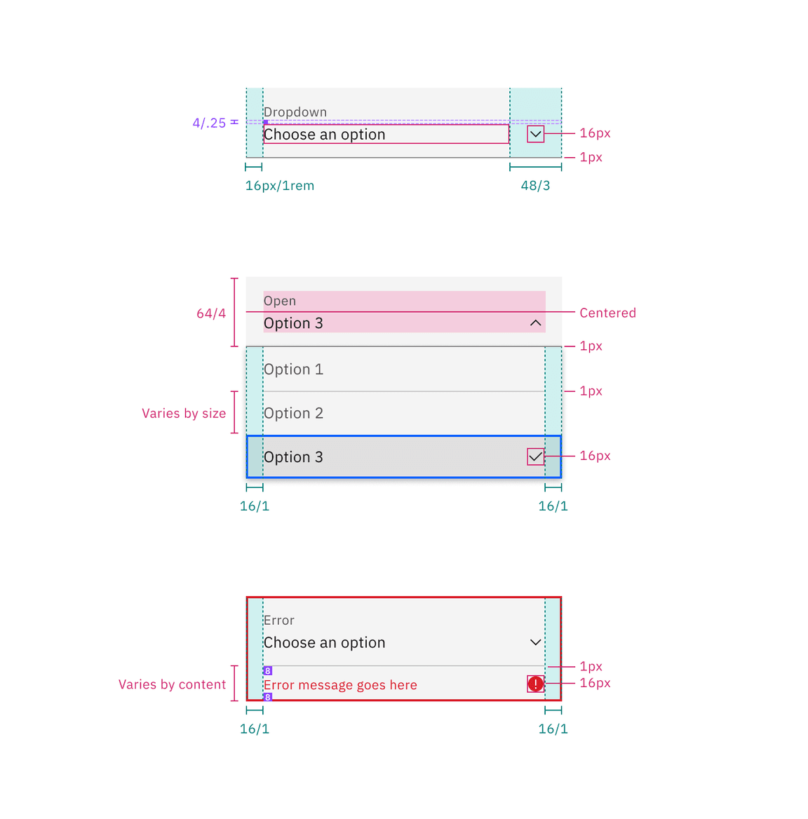 Structure and spacing for a fluid dropdown